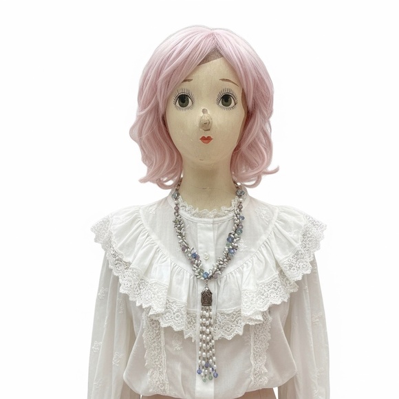 Vintage Beaded White Tassel Necklace Purple Green Blue Glass Crystal Beads - Picture 2 of 10